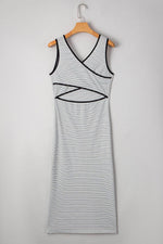 Load image into Gallery viewer, Black Stripe Criss Cross Side Slits Slim Fit Sleeveless Midi Dress - Fashion Queen - 18