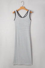 Load image into Gallery viewer, Black Stripe Criss Cross Side Slits Slim Fit Sleeveless Midi Dress - Fashion Queen - 19