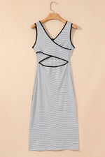 Load image into Gallery viewer, Black Stripe Criss Cross Side Slits Slim Fit Sleeveless Midi Dress - Fashion Queen - 20
