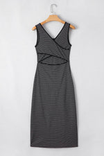 Load image into Gallery viewer, Black Stripe Criss Cross Side Slits Slim Fit Sleeveless Midi Dress - Fashion Queen - 26