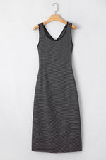 Load image into Gallery viewer, Black Stripe Criss Cross Side Slits Slim Fit Sleeveless Midi Dress - Fashion Queen - 27
