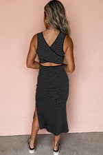 Load image into Gallery viewer, Black Stripe Criss Cross Side Slits Slim Fit Sleeveless Midi Dress - Fashion Queen - 4