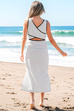 Load image into Gallery viewer, Black Stripe Criss Cross Side Slits Slim Fit Sleeveless Midi Dress - Fashion Queen - 5