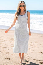 Load image into Gallery viewer, Black Stripe Criss Cross Side Slits Slim Fit Sleeveless Midi Dress - Fashion Queen - 6
