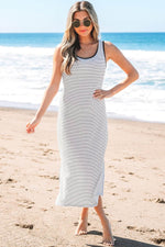 Load image into Gallery viewer, Black Stripe Criss Cross Side Slits Slim Fit Sleeveless Midi Dress - Fashion Queen - 7