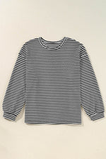 Load image into Gallery viewer, Black Stripe Drop Shoulder Puff Long Sleeve O Neck Plus Size T Shirt - Fashion Queen - 10
