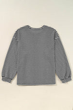 Load image into Gallery viewer, Black Stripe Drop Shoulder Puff Long Sleeve O Neck Plus Size T Shirt - Fashion Queen - 11