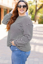 Load image into Gallery viewer, Black Stripe Drop Shoulder Puff Long Sleeve O Neck Plus Size T Shirt - Fashion Queen - 3