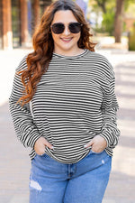 Load image into Gallery viewer, Black Stripe Drop Shoulder Puff Long Sleeve O Neck Plus Size T Shirt - Fashion Queen - 4