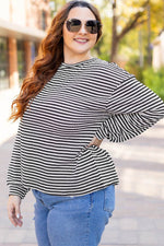 Load image into Gallery viewer, Black Stripe Drop Shoulder Puff Long Sleeve O Neck Plus Size T Shirt - Fashion Queen - 6
