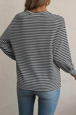 Load image into Gallery viewer, Black Stripe Drop Shoulder Puff Long Sleeve O Neck Plus Size T Shirt - Fashion Queen - 9