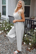 Load image into Gallery viewer, Black Stripe Half Buttoned Sleeveless Wide Leg Jumpsuit - Fashion Queen - 3