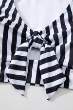 Load image into Gallery viewer, Black Stripe Plus Size Knot Cutout Ruffle Sleeve and High Waisted 2pcs Swimsuit - Fashion Queen - 14