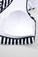 Load image into Gallery viewer, Black Stripe Plus Size Knot Cutout Ruffle Sleeve and High Waisted 2pcs Swimsuit - Fashion Queen - 16