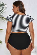 Load image into Gallery viewer, Black Stripe Plus Size Knot Cutout Ruffle Sleeve and High Waisted 2pcs Swimsuit - Fashion Queen - 2