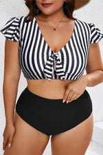 Load image into Gallery viewer, Black Stripe Plus Size Knot Cutout Ruffle Sleeve and High Waisted 2pcs Swimsuit - Fashion Queen - 3