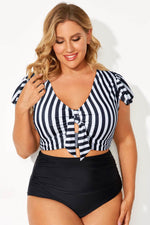 Load image into Gallery viewer, Black Stripe Plus Size Knot Cutout Ruffle Sleeve and High Waisted 2pcs Swimsuit - Fashion Queen - 5