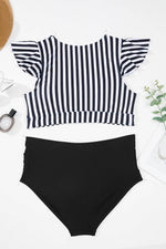 Load image into Gallery viewer, Black Stripe Plus Size Knot Cutout Ruffle Sleeve and High Waisted 2pcs Swimsuit - Fashion Queen - 7