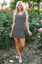 Load image into Gallery viewer, Black Stripe Ribbed Knit Sleeveless Mini Dress - Fashion Queen - 4