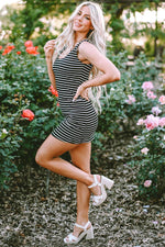 Load image into Gallery viewer, Black Stripe Ribbed Knit Sleeveless Mini Dress - Fashion Queen - 5