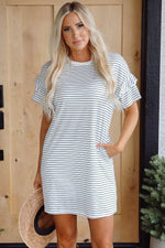 Load image into Gallery viewer, Black Stripe Ruffled Short Sleeve Crew Neck T Shirt Shift Mini Dress - Fashion Queen - 11