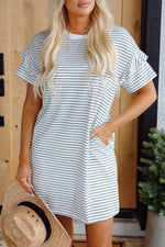 Load image into Gallery viewer, Black Stripe Ruffled Short Sleeve Crew Neck T Shirt Shift Mini Dress - Fashion Queen - 13