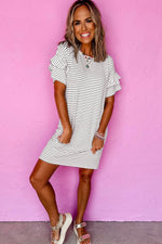 Load image into Gallery viewer, Black Stripe Ruffled Short Sleeve Crew Neck T Shirt Shift Mini Dress - Fashion Queen - 17