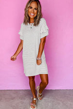 Load image into Gallery viewer, Black Stripe Ruffled Short Sleeve Crew Neck T Shirt Shift Mini Dress - Fashion Queen - 18