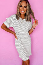 Load image into Gallery viewer, Black Stripe Ruffled Short Sleeve Crew Neck T Shirt Shift Mini Dress - Fashion Queen - 19