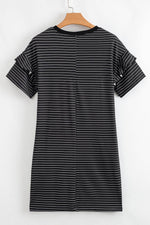 Load image into Gallery viewer, Black Stripe Ruffled Short Sleeve Crew Neck T Shirt Shift Mini Dress - Fashion Queen - 29