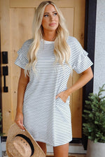 Load image into Gallery viewer, Black Stripe Ruffled Short Sleeve Crew Neck T Shirt Shift Mini Dress - Fashion Queen - 6