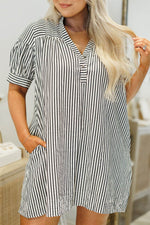 Load image into Gallery viewer, Black Stripe Short Sleeve Buttoned V Neck Pocketed Plus Size Mini Dress - Fashion Queen - 1