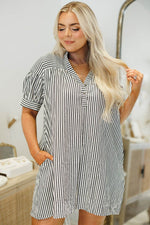 Load image into Gallery viewer, Black Stripe Short Sleeve Buttoned V Neck Pocketed Plus Size Mini Dress - Fashion Queen - 3
