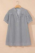 Load image into Gallery viewer, Black Stripe Short Sleeve Buttoned V Neck Pocketed Plus Size Mini Dress - Fashion Queen - 4
