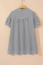 Load image into Gallery viewer, Black Stripe Short Sleeve Buttoned V Neck Pocketed Plus Size Mini Dress - Fashion Queen - 5