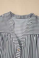 Load image into Gallery viewer, Black Stripe Short Sleeve Buttoned V Neck Pocketed Plus Size Mini Dress - Fashion Queen - 6