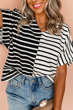 Load image into Gallery viewer, Black Stripe Two Tone Colorblock V Neck T Shirt - Fashion Queen - 1