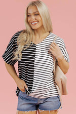 Load image into Gallery viewer, Black Stripe Two Tone Colorblock V Neck T Shirt - Fashion Queen - 12
