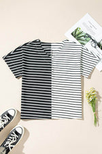 Load image into Gallery viewer, Black Stripe Two Tone Colorblock V Neck T Shirt - Fashion Queen - 15