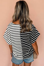 Load image into Gallery viewer, Black Stripe Two Tone Colorblock V Neck T Shirt - Fashion Queen - 2