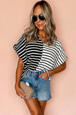 Load image into Gallery viewer, Black Stripe Two Tone Colorblock V Neck T Shirt - Fashion Queen - 3
