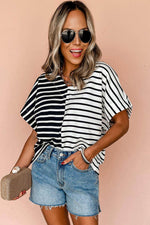 Load image into Gallery viewer, Black Stripe Two Tone Colorblock V Neck T Shirt - Fashion Queen - 4