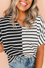 Load image into Gallery viewer, Black Stripe Two Tone Colorblock V Neck T Shirt - Fashion Queen - 5