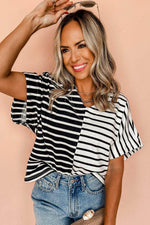 Load image into Gallery viewer, Black Stripe Two Tone Colorblock V Neck T Shirt - Fashion Queen - 6