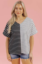 Load image into Gallery viewer, Black Stripe Two Tone Colorblock V Neck T Shirt - Fashion Queen - 7