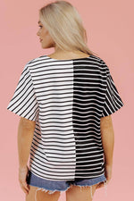 Load image into Gallery viewer, Black Stripe Two Tone Colorblock V Neck T Shirt - Fashion Queen - 8