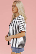 Load image into Gallery viewer, Black Stripe Two Tone Colorblock V Neck T Shirt - Fashion Queen - 9