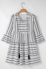 Load image into Gallery viewer, Black Stripe V Neck Bell Sleeve High Waist Mini Dress - Fashion Queen - 5