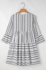 Load image into Gallery viewer, Black Stripe V Neck Bell Sleeve High Waist Mini Dress - Fashion Queen - 6