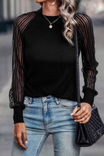 Load image into Gallery viewer, Black Striped Mesh Long Sleeve Crewneck Ribbed Top - Fashion Queen - 10